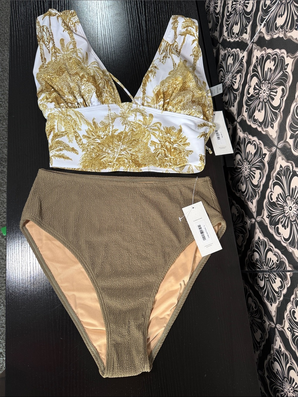 High-Waist Ribbed Bikini Set in Olive and White by